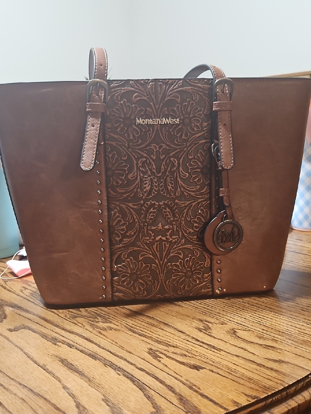 Montana West Large Chocolate Brown Floral Embossed Tote Purse